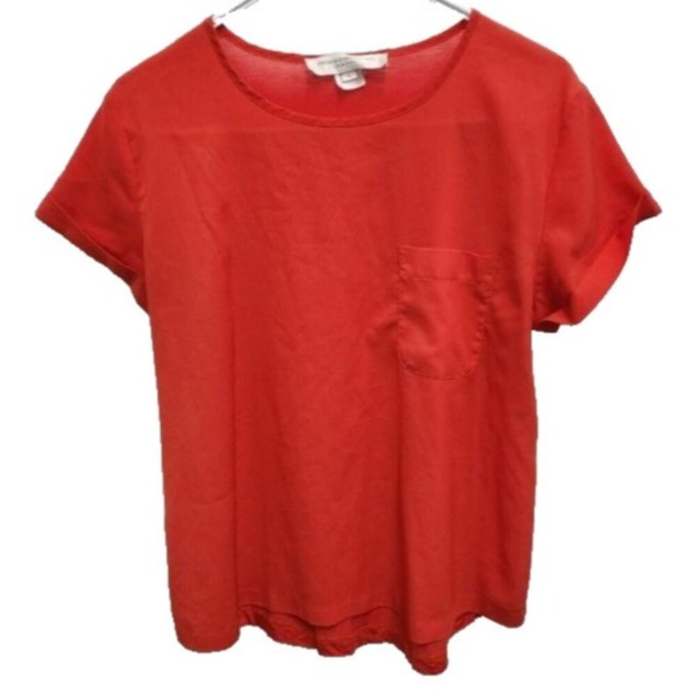 French Connection Classic Womens Top Large Red Silk Short Sleeve‎ Chest Pocket